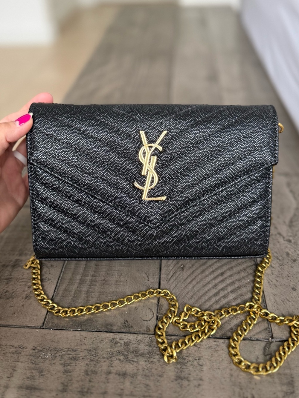 Yves Saint Laurent Black Quilted Leather Crossbody with Gold YSL Chain